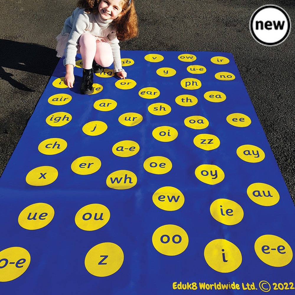 Playing with Phonics Mat, Introducing our Playing with Phonics Mat, the ultimate tool to make learning phonics fun and engaging for children. Designed to be a versatile resource, this mat can be used both indoors and outdoors, allowing children to learn phonics in any setting.Made from durable and water-resistant vinyl, this mat is built to withstand the active play of children while ensuring its longevity. Its sturdy construction guarantees hours of learning and fun for your little ones.The Playing with Ph