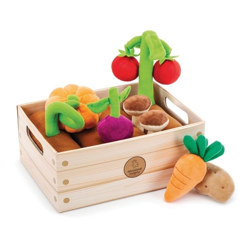 Plush Vegetable Garden Basket pk 8, Learning Resources Vegetable Garden is ideal for pretend play and early learning. Sow the seeds of learning and fun while curious children pick pretend play foods including a carrot, potato, beet, pumpkin, two tomatoes, and two mushrooms from four pretend soil rows. They’re also picking up on important skills like speech development, social interaction, sorting, and matching as they play. The perfect pretend kitchen accessories, our Vegetable Garden includes a parent acti