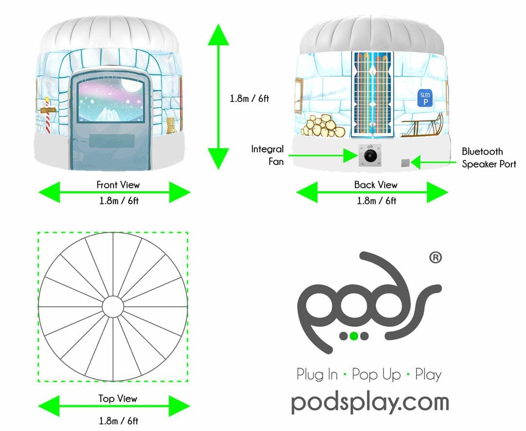 PODS Polar Ice Igloo, Size: 1.8m Diameter (approx 6ft), 1.8m High (approx 6ft) (Exterior Dimensions) 11kg Packed Weight, Including Fan Warranty: PODS comes with a 1 year manufacturer's warranty. Within this year, we'll happily replace any fault that you may have with PODS. It's snow joke... PODS is now cooler than ever with the view of the frozen polar landscape from the comfort of your very own igloo. PODS is the quickest and most innovative sensory space on planet earth. Let your little adventurer's imagi