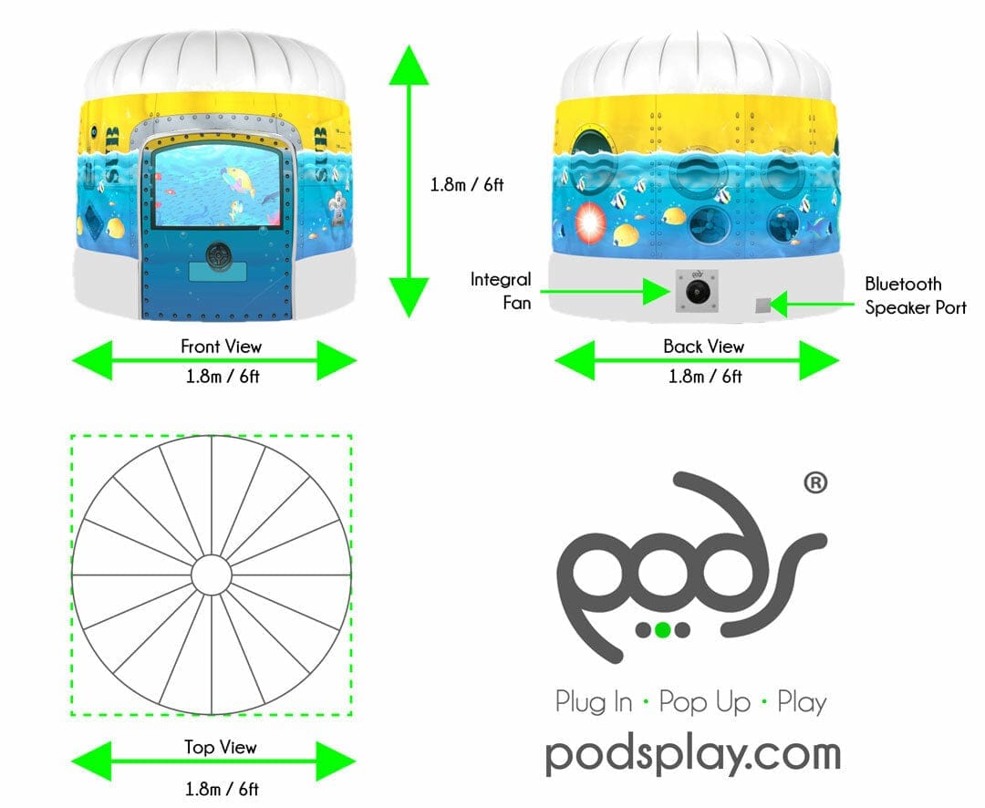 PODS Sub Aqua Quest, Size: 1.8m Diameter (approx 6ft), 1.8m High (approx 6ft) (Exterior Dimensions) 11kg Packed Weight, Including Fan Warranty: PODS comes with a 1 year manufacturer's warranty. Within this year, we'll happily replace any fault that you may have with PODS. Sitting on board the submarine, kids can view the ocean floor, go sea life spotting and chill out in the coral reef. These next-generation pop up Sensory PODS are the pinnacle of cool, creating an immersive themed environment for ages of 3