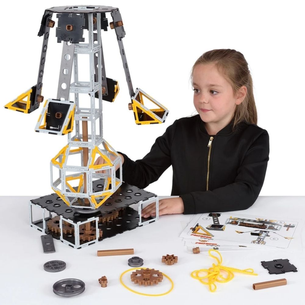 Polydron Engineer Set, The Polydron Engineer Set is a groundbreaking Design and Technology product that allows students to explore engineering principles and the workings of simple machines. With 110 pieces that include various components, this set provides an excellent hands-on learning experience. The set comes with workcards that provide step-by-step instructions for building five different models: Cable Car, Gear Toy 1, Gear Toy 2, Chairspinner, and Chairoplane. These models are not only fun to build bu