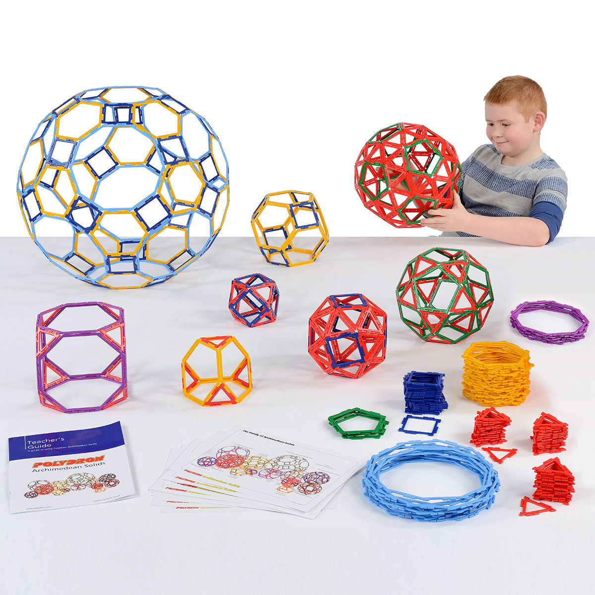 Polydron Frameworks Archimedean Solids Class Set, The Polydron Frameworks Archimedean Solids Class Set is the perfect tool for students to build and explore the fascinating world of Archimedean solids. These unique geometric shapes have captivated mathematicians for over 2000 years, and now children can delve into their properties all at once with this comprehensive set.With a total of 452 pieces, the set includes 108 squares, 200 equilateral triangles, 48 pentagons, 60 hexagons, 12 octagons, 24 decagons, a