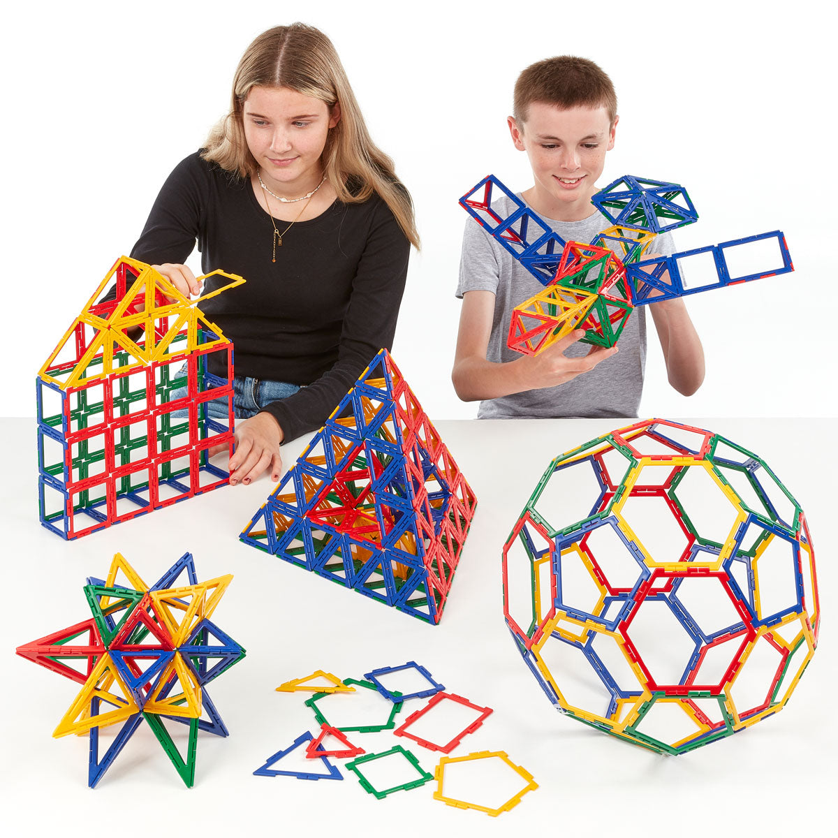Polydron Frameworks Multi Pack 460 Pieces, Unleash your creativity and explore the world of structures and geometric solids with the Polydron Frameworks Multi Pack 460 Pieces. This massive set offers endless possibilities for construction and discovery, making it a must-have for any learning environment.The set contains a whopping 460 pieces in total, providing a wide range of shapes to work with. Included in the set are 20 hexagons, 80 squares, 160 equilateral triangles, 40 pentagons, 80 right angle triang
