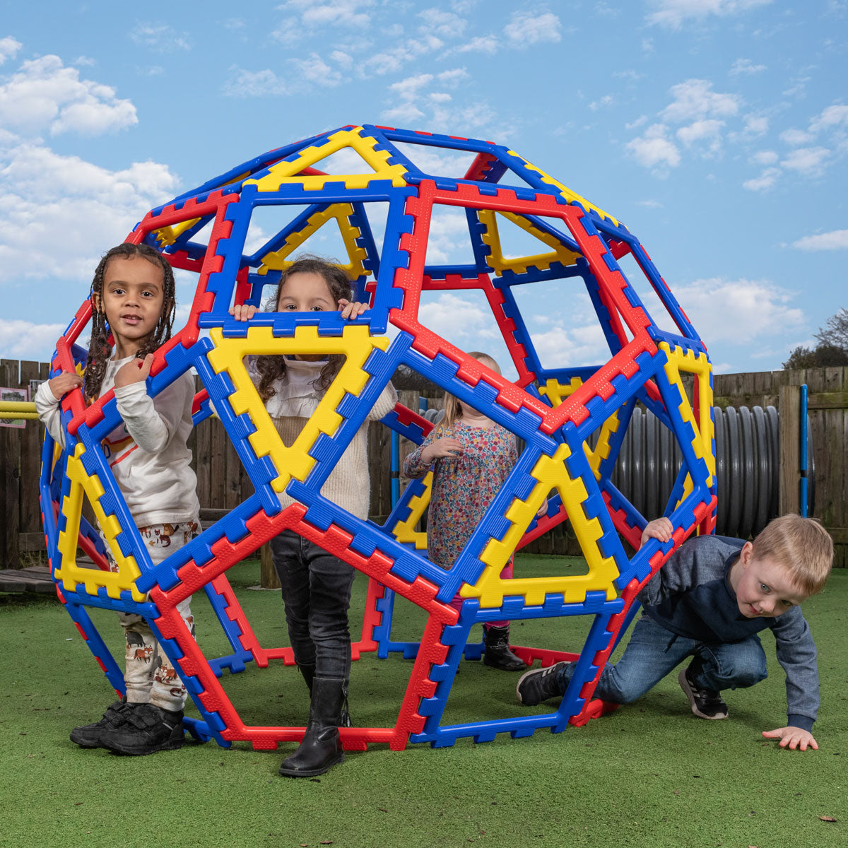Polydron XL Geo Dome, Create a stunning dome, ball or a variety of different geometric shapes with this 62 piece multifunctional set. Children and adults can work in tandem to create giant shapes and constructions. Pieces are large and chunky, with the square measuring approximately 400mm. Explore geometry, construction and interactive play with this set. Children can also simply throw sheets over the dome to create a den! Each set contains 12 pentagons, 30 squares, 20 equilateral triangles and a guide. Pol