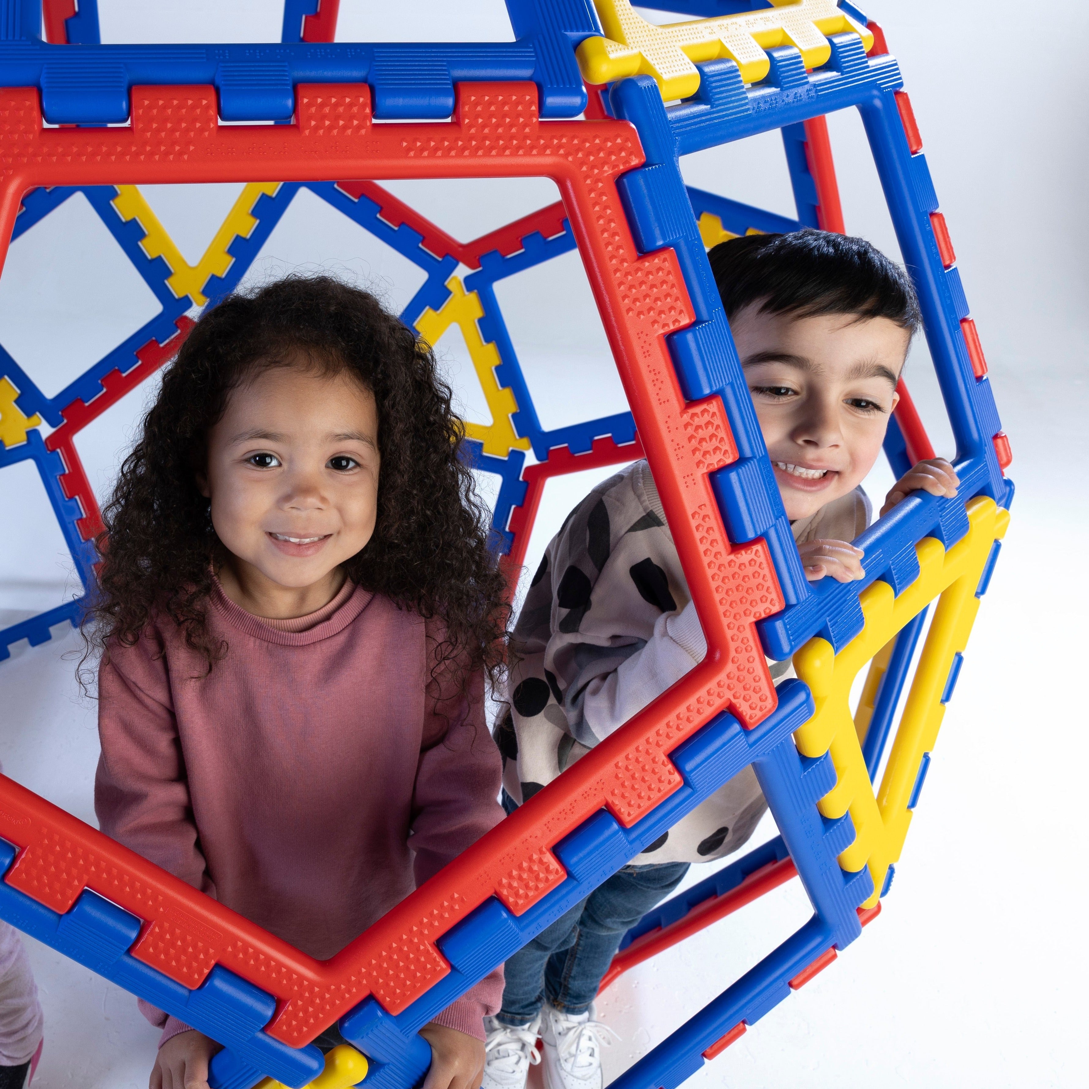 Polydron XL Geo Dome, Create a stunning dome, ball or a variety of different geometric shapes with this 62 piece multifunctional set. Children and adults can work in tandem to create giant shapes and constructions. Pieces are large and chunky, with the square measuring approximately 400mm. Explore geometry, construction and interactive play with this set. Children can also simply throw sheets over the dome to create a den! Each set contains 12 pentagons, 30 squares, 20 equilateral triangles and a guide. Pol