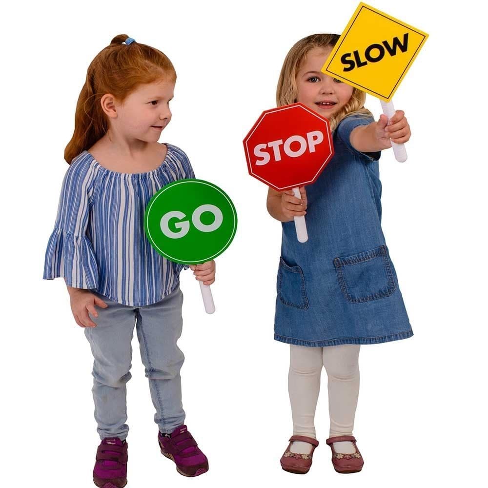 Pretend Play Traffic Signs Set of 3, The Pretend Play Traffic Signs Set of 3 is a fantastic addition to any playtime or learning environment, providing children with the opportunity to engage in imaginative play while also learning about road safety. This set includes three large handheld traffic command signs made from sturdy rigid plastic, ensuring they can withstand rough play and outdoor use. Each sign features a vibrant and visually appealing design that replicates real-life traffic signs, including a 