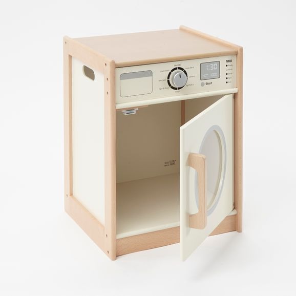 Pretend Play Wooden Washing Machine, Laundry time is fun when this brightly coloured wooden Washing Machine is part of the play kitchen. The Pretend Play Wooden Washing Machine includes a realistic drum plus two realistic dials that twist and even a soap loading drawer. The Pretend Play Wooden Washing Machine is a highly educational item that's ideal for interactive or solo role play sessions. Combine with other wooden kitchen appliances from Bigjigs Toys and create a full play kitchen! The Pretend Play Woo