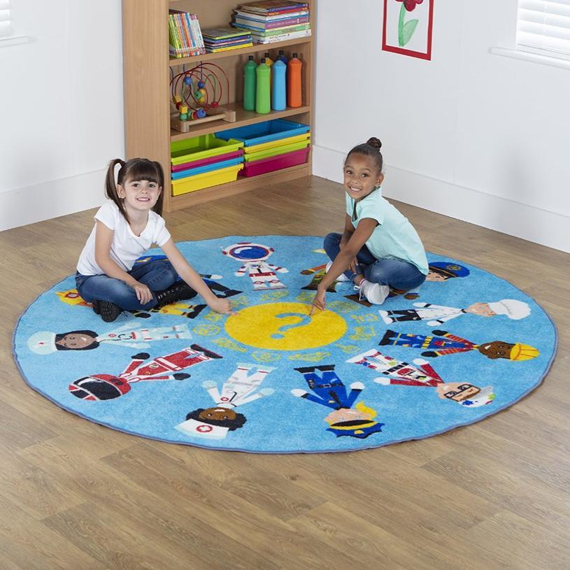Professions Circular Classroom Carpet, This thick and soft circular Professions Circular Classroom Carpet offers an opportunity to challenge stereotypes and help children discuss professions that they may recognise, aspire to or interact with. Ideal for teaching Understanding the World and Communication and Language. Designed for use indoors only. Ideal for teaching Understanding the World and also supporting the following key areas of learning and development: PSE Development, Communication and Language an