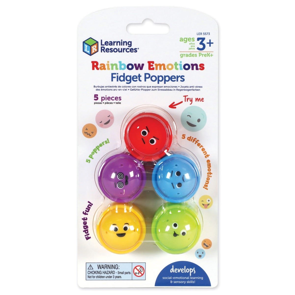 Rainbow Emotion Fidget Poppers, Introducing the Rainbow Emotion Fidget Poppers, the perfect tool to enhance social-emotional learning and sensory skills in children. The Rainbow Emotion Fidget Poppers are crafted from soft silicone and designed with little hands in mind, these captivating fidget poppers are a must-have for every child's fidget toy collection.Featuring a vibrant array of colors, each fidget popper boasts a delightful surprise – one of five expressive emoji-style faces that assist children in