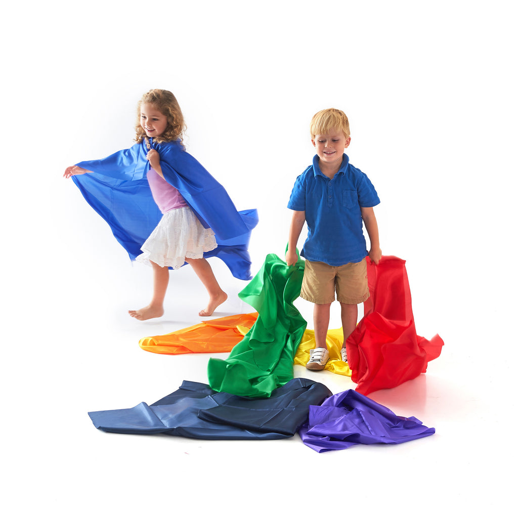 Rainbow Habutae Fabric Pack of 7, The Rainbow Habutae Fabric Pack of 7 contains large pieces of material great for loose parts play, dress up, creating invitations to play and or use in treasure baskets and sensory areas! This Rainbow Habutae Fabric material is brightly coloured and feels silky to the touch and will brighten up any play time! Create a sensory rainbow with our TickiT® Rainbow Habutae Fabric Pack! Tactile one-metre lengths of silky fabric in seven bright colours. Children will love twirling a