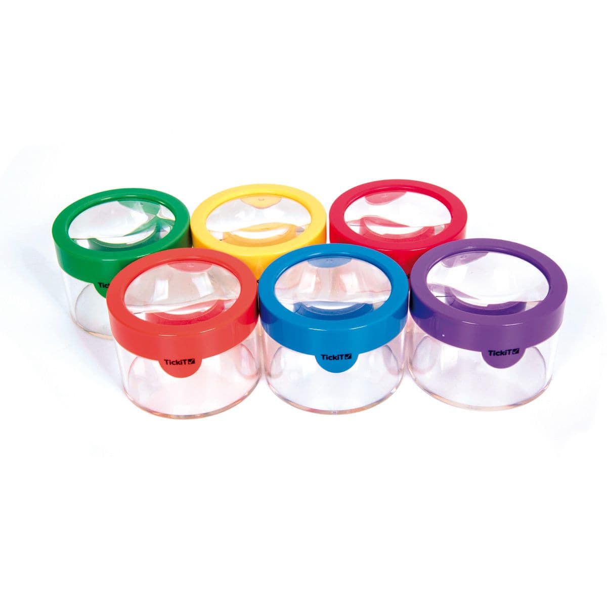Rainbow Viewers Pack of 6, The Rainbow Viewers are a set of observation pots with a magnifier in the brightly coloured push on lids.The Rainbow Viewers are ideal for investigating natural resources up close. The Rainbow Viewers make it easy to view insects without harming and handling them. Can be used when children are investigating invertebrates up close in order to classify them into commonly found groups such as insects, spiders, snails and worms. In six different colours, each child can easily identify