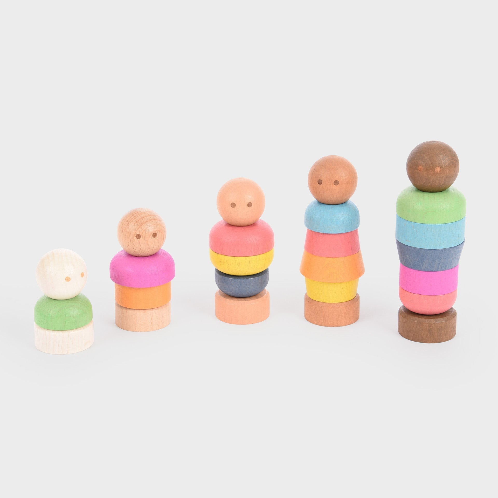 Rainbow Wooden Community People, Our TickiT® Rainbow Wooden Community People are fantastic for small world play.Made from beautiful smooth solid beechwood with a natural woodgrain finish, the threaded figures represent a diverse range of 5 different skin tones, and the bodies can be imaginatively clothed using rainbow-coloured cuffs which slide on easily. These tactile characters are secured by screwing on the “feet” to create different shaped, sized and coloured bodies of various heights and skin tones for