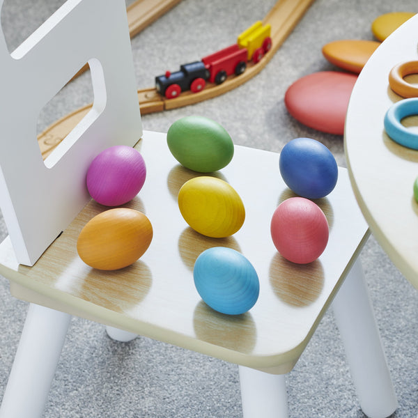 Rainbow Wooden Eggs, The Rainbow Wooden Eggs are beautiful smooth solid beech wood eggs in the seven colours of the rainbow, with a natural finish to show the grain of the wood. The Rainbow Wooden Eggs are ideal for creating imaginative scenes, encouraging creative construction, rolling, balancing, counting and sorting, sequencing, pattern-making and learning about colour. The Rainbow Wooden Eggs set matches our other Rainbow Wood ranges, but can also be included in any loose parts collection or mixed and m