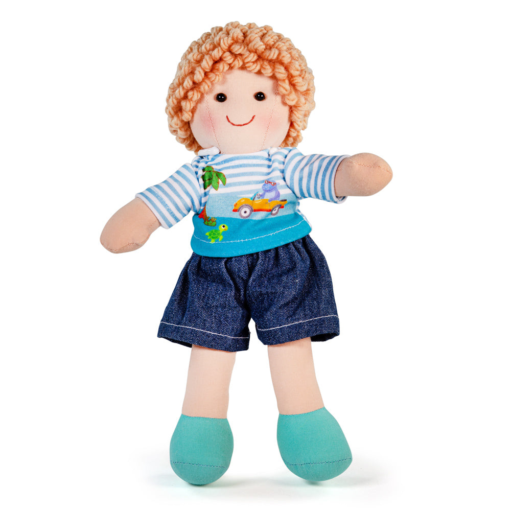 Robin Doll - Medium, Robin Doll is ready to meet his new best pal! Robin is a soft and cuddly ragdoll dressed in an adorable outfit. Robin has curly hair and wears a striped top with a beach design, denim shorts and blue shoes. Robin Doll’s soft material makes him the perfect toddler doll as he’s 34cm tall and gentle on little hands. Robin the ragdoll can easily fit into bags, prams, cots, beds and cars so can be taken anywhere at any time! If your tot has a passion for fashion, Robin’s wardrobe can be swit