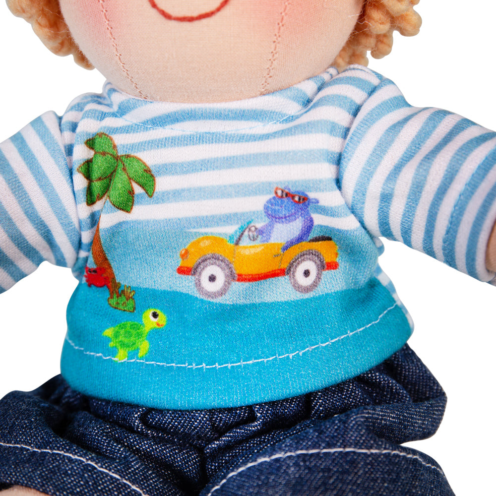 Robin Doll - Medium, Robin Doll is ready to meet his new best pal! Robin is a soft and cuddly ragdoll dressed in an adorable outfit. Robin has curly hair and wears a striped top with a beach design, denim shorts and blue shoes. Robin Doll’s soft material makes him the perfect toddler doll as he’s 34cm tall and gentle on little hands. Robin the ragdoll can easily fit into bags, prams, cots, beds and cars so can be taken anywhere at any time! If your tot has a passion for fashion, Robin’s wardrobe can be swit