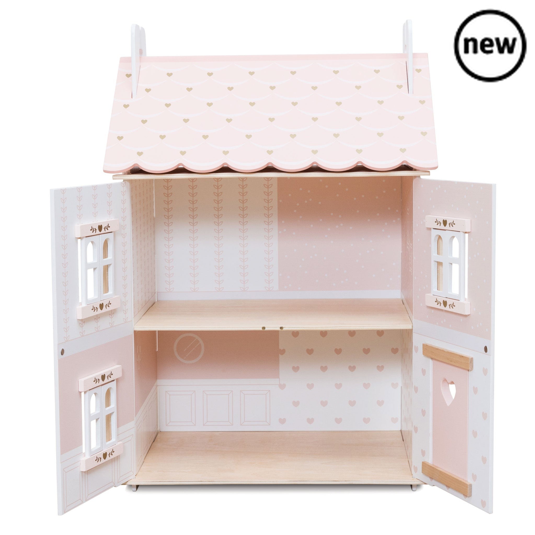 Rose Heart House, Description Welcome home. This delightful dolls house makes a stunning gift for a special little someone. Painted in fresh white with soft pink accents and gold heart motifs, it is ready to move right in to. Crafted from sustainable FSC® - certified wood, this durable, high quality toy features a scalloped roof, opening and closing doors and shutters for realistic play, plus a clever lift off roof that reveals access to a sweet attic bedroom. Inside, the floors are furnished in a lovely na