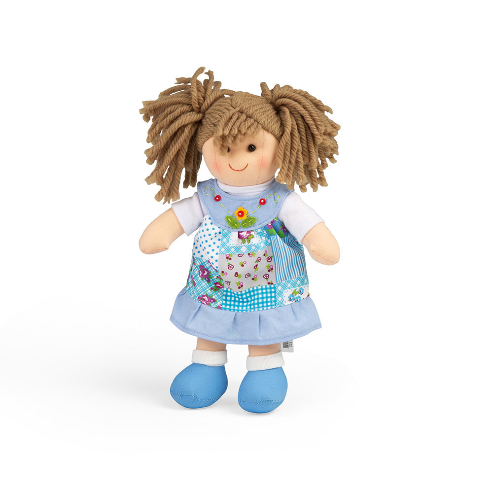 Sarah Doll - Small, Sarah Doll is ready to meet her new little best friend! Sarah is a soft and cuddly ragdoll dressed in an adorable outfit. Sarah’s hair comes tied up in cute bunches and she wears her very own Bigjigs Toys blue floral dress and matching blue shoes Sarah Doll’s soft material makes her the perfect toddler doll as she’s small (only 28cm tall) and gentle on little hands. Sarah the ragdoll can easily fit into bags, prams, cots, beds and cars so can be taken anywhere at any time! If your little