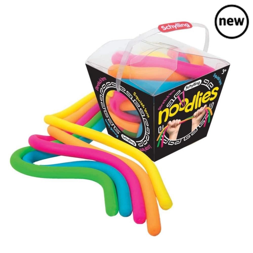 Schylling Noodlies, Noodlies fulfill the fun of playing with your food…without the mess! You can squeeze, stretch, knot, or mash these elastic noodles to your heart’s desire. Noodlies are brightly colored in 5 fluorescent tones and offer a unique sensory play experience that creates loads of endless fun. Toss them around with friends or squeeze a handful when you want to mellow out! NeeDoh Noodlies make a great gift and are perfect for schools, party favors, those with special needs, an addition to the offi