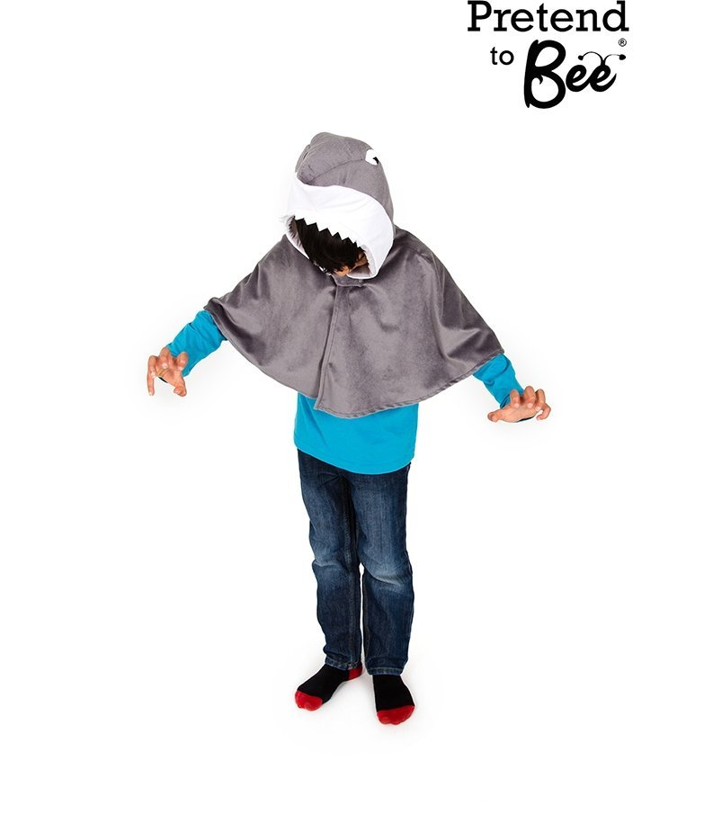 Shark Cape Fancy Dress, Get ready to make a splash at your next costume party with our Shark Cape Fancy Dress! Designed to help you swim circles around your friends, this jaw-some outfit features a super-soft grey velour cloak with a padded white and grey shark-head hood.The shark-head hood is complete with beady felt eyes, spiky white teeth, and a padded grey fin, adding an extra touch of ferocity to your costume. The cloak also includes a convenient velcro neck fastening for easy wearing and removal.Made 