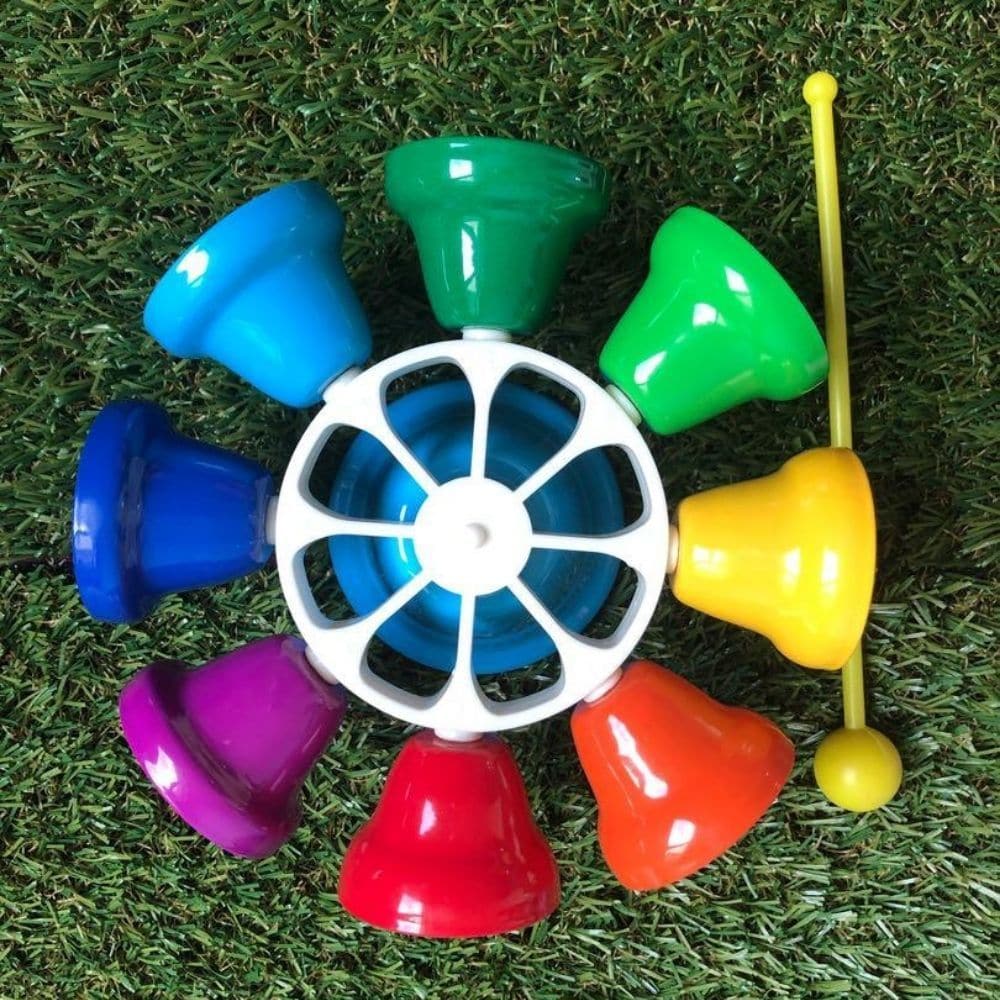 Small Carousel Bells, This unique Small Carousel Bells instrument rotates on a plastic stand that supports a set of 8 musical bells that play different notes when tapped with the mallet as the bells spin. The Small Carousel Musical Bells are very easy to play whilst giving kids a fun introduction to the musical scale. The Small Carousel Bells comes packaged in a beautifully designed gift box that includes an easy to play music sheet. The Small Carousel Bells can be played on a desk top or wheelchair tray or