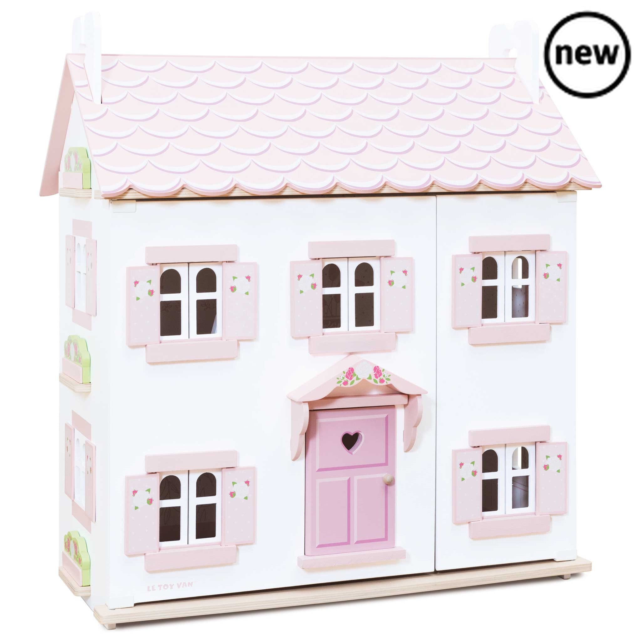 Sophie's Wooden Dolls House, Description Our much loved, multi award winning Sophie's Wooden Dolls House is a true classic. This delightful three storey miniature home features a timeless look with everything little learners could dream of. Full of nostalgic charm, this wonderful doll house is painted in the prettiest pastel pink and fresh whites, with opening and closing windows and shutters, each featuring a floral motif. The cute front porch makes a welcoming entrance for little guests. Brimming with the