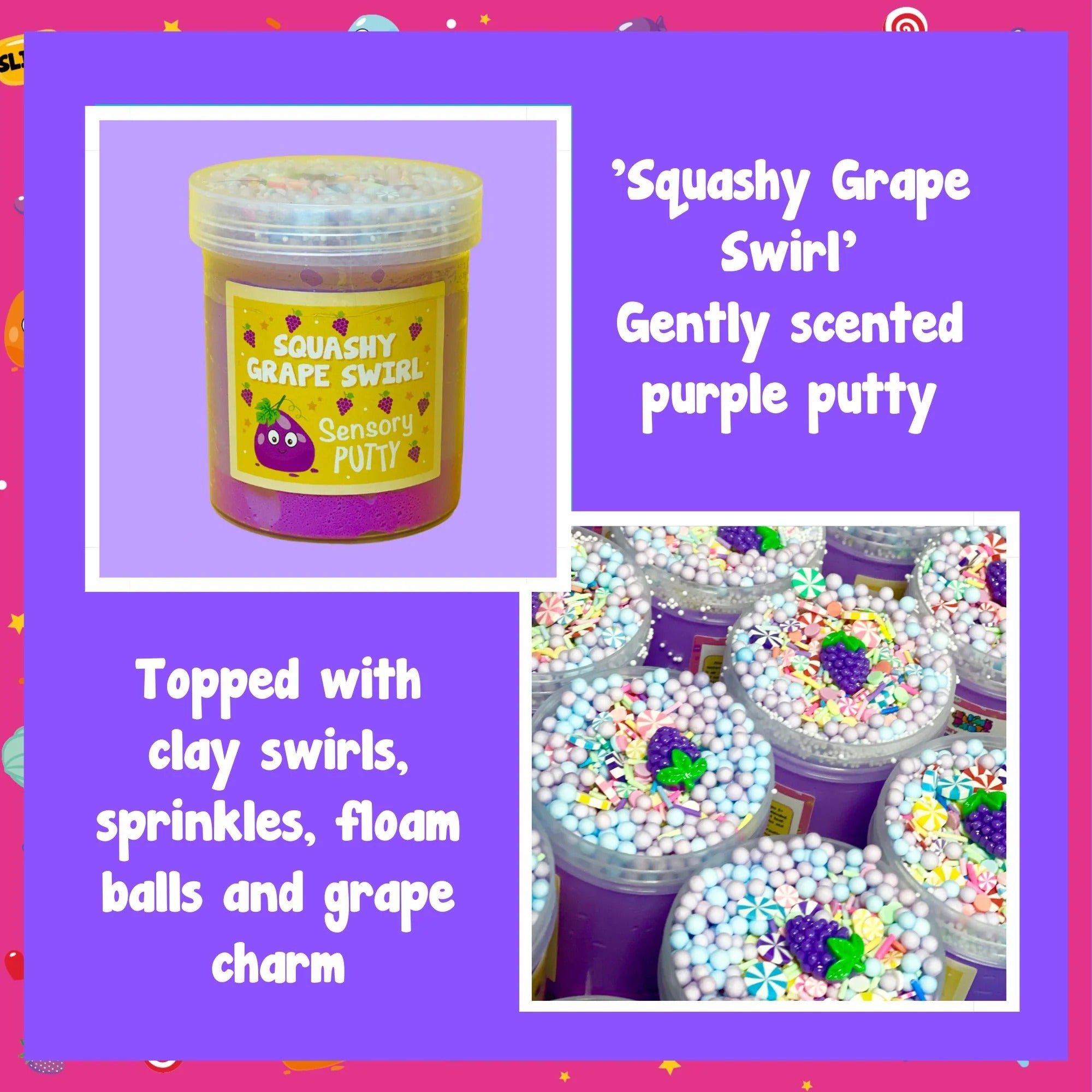 Squashy Grape Swirl Putty, Our Squashy Grape Swirl putty is bursting with squishy goodness! Pastel floam balls, pinwheel clay charms, rainbow sprinkles and grape charm, combined with two shades of gorgeous purple putty and a gentle scent, make for endless fruity fun! Putties are air reactive and will dry out of left out. Always return to the container after play with the lid tightly on. Keep away from direct sunlight. Keep away from fabrics and porous surfaces. Container Size: 275ml Ages 5+, Adult supervisi