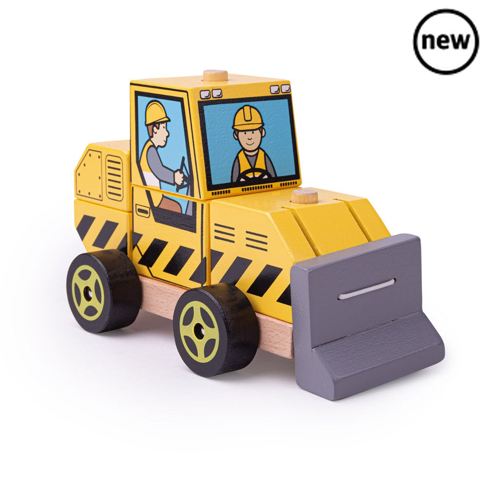 Stacking Bulldozer, Here comes the Bigjigs Toys Stacking Bulldozer! The bright yellow wooden stacking toy is painted with construction-style patterns and features its own bulldozer driver. This push along wooden toy is two toys in one! Develop dexterity and problem-solving skills with this stacking and push along wooden toy. Before this wooden vehicle can get on the move, your little one must first stack all of the colourful wooden blocks together in the correct order and then the push along fun can begin! 