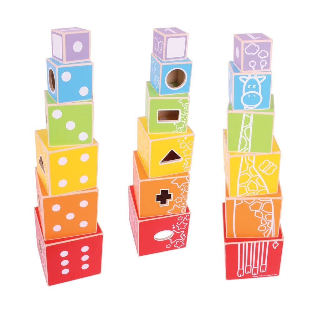Stacking Cubes, These brightly coloured wooden Stacking Cubes provide lots of different activities including a shape sorter and a tall giraffe to construct! Each cube is numbered from smallest to largest (1 to 6), with the corresponding number of dots and animals appearing on the faces of each cube. Stack them up and learn to recognise numbers, shapes and animals! Helps to develop dexterity and co-ordination. Made from high quality, responsibly sourced materials. Conforms to current European safety standard