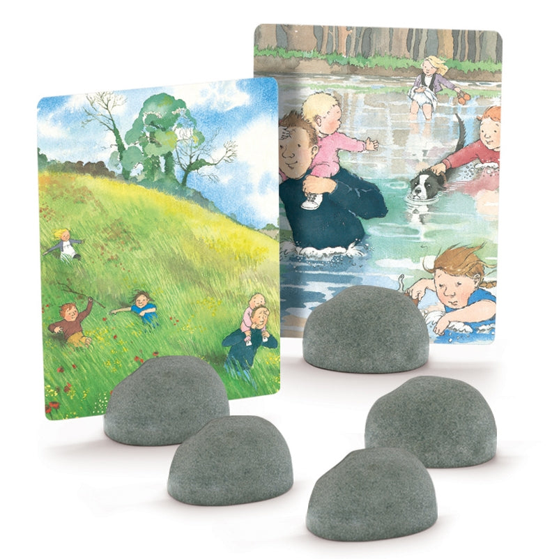 Stand It Stones, Propping up story sequencing cards, activity cards or backdrops for small world play is now no longer a problem with these clever standing stones! This Stand It Stones set of five robust card holders will support cards of up to A4 in size. Just simply slide the cards into the slot and create backdrops and displays throughout your environment: in sand, soil, and water! Made from a stone and resin mix, these practical holders will naturally blend into your storytelling landscapes. Height 40mm