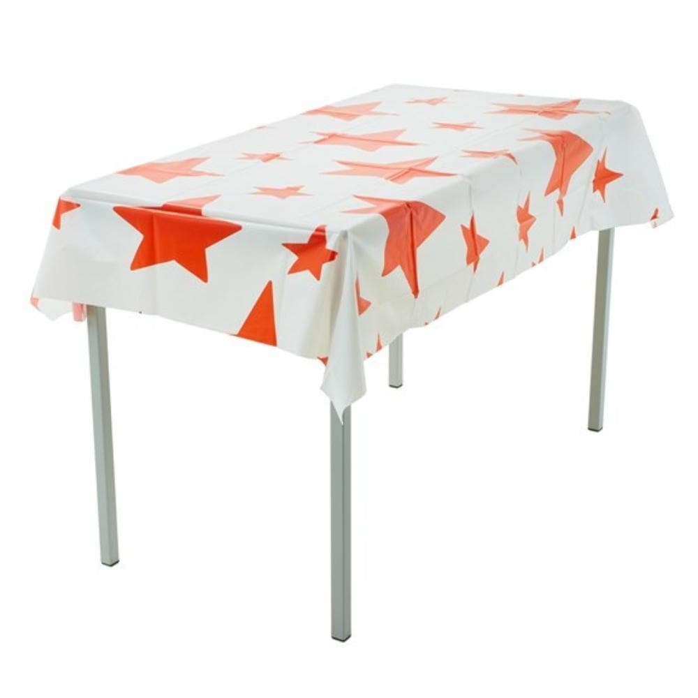 Star Table Cover, Introducing our vibrant Star Table Covers designed to create an inviting and exciting learning environment in the classroom. These white plastic covers adorned with cheerful red stars bring a touch of enchantment to any activity. Not only do these starry table covers add a whimsical element to your classroom decor, but they also serve a practical purpose. Protecting surfaces has never been easier! Whether it's floors, tables, or any other learning space, these durable covers act as a shiel