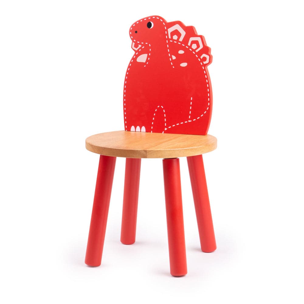 Stegosaurus Dinosaur Chair, Our colourful Stegosaurus Chair features a natural wood seat and a red back shaped like a Stegosaurus dinosaur. This vibrant dinosaur chair is the ideal height for young children to perch on. This kids dinosaur chair is part of the Tidlo Dinosaur furniture set with the Pterodactyl, Brontosaurus and T-Rex all coordinating with the Dinosaur Table. The Stegosaurus Chair is crafted from sturdy and robust wood and would suit any bedroom, playroom or kitchen. Designed for indoor use on