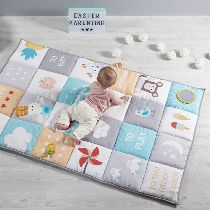 Taf Toys I Love Big Mat - Soft Colours, Treat your baby to an extra-large, soft and thickly padded play space with the Taf Toys I Love Big Mat – Soft Colours!The Taf Toys I Love Big Mat - Soft Colours is designed to stimulate parent-baby interaction with the colourful and loveable patchwork illustrations, baby will be able to follow the cute characters around the mat as he enjoys the things he loves!Baby can move from panel to panel to discover the tactile plastic ring, pineapple teether, baby-safe mirror o