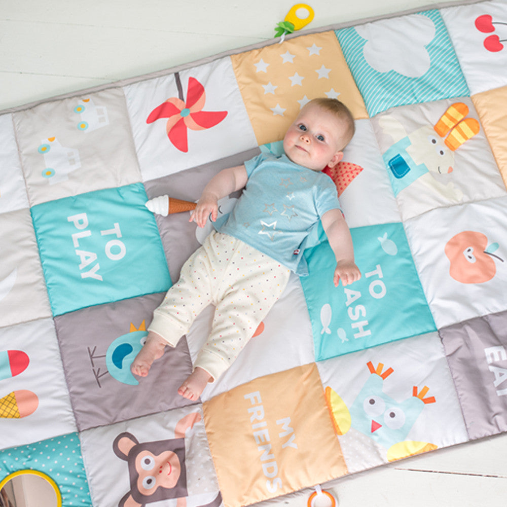 Taf Toys I Love Big Mat - Soft Colours, Treat your baby to an extra-large, soft and thickly padded play space with the Taf Toys I Love Big Mat – Soft Colours!The Taf Toys I Love Big Mat - Soft Colours is designed to stimulate parent-baby interaction with the colourful and loveable patchwork illustrations, baby will be able to follow the cute characters around the mat as he enjoys the things he loves!Baby can move from panel to panel to discover the tactile plastic ring, pineapple teether, baby-safe mirror o