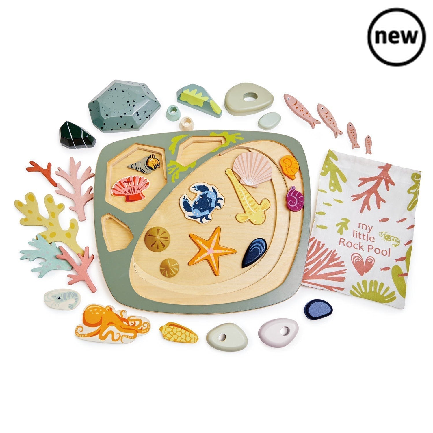 Tender Leaf Toys My Little Rock Pool, Step into a world of imaginative play with Tender Leaf Toys My Little Rock Pool. This beautifully designed Montessori toy is a plastic-free option that will transport your child to the seaside, rock pools, and sunny days at the beach.Crafted from beautifully painted wood, this toy offers endless opportunities for stacking, sorting, and creative play. Each wooden piece can be arranged and rearranged on the layered rock pool base, allowing your child to create their own u