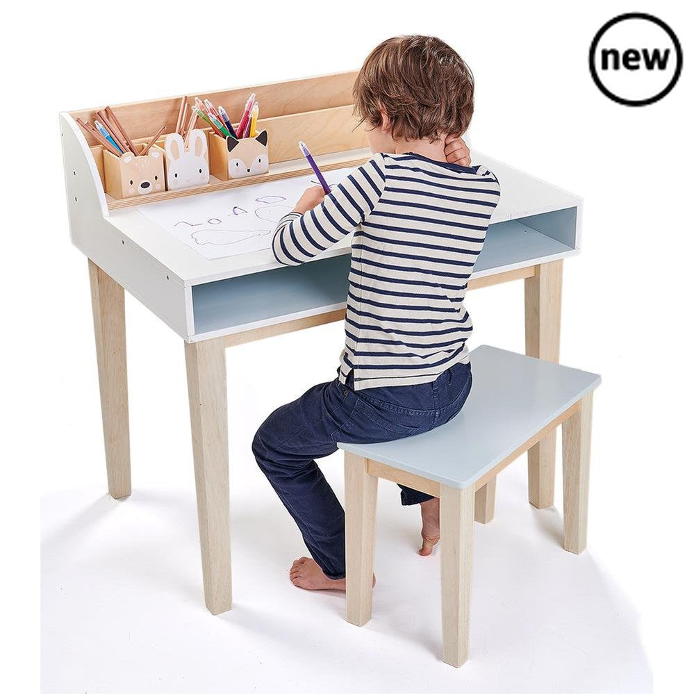 Tenderleaf Toys Desk and Chair, Make homework and creativity a breeze with the Tenderleaf Toys Desk and Chair set. This wooden desk set is the perfect addition to any child's bedroom or nursery, offering a beautiful and inspiring space for craft activities and homework sessions.Designed specifically for children, this desk set is crafted from premium, plastic-free wood for both durability and sustainability. It brings a touch of elegance and charm to any space, making learning and creating even more enjoyab