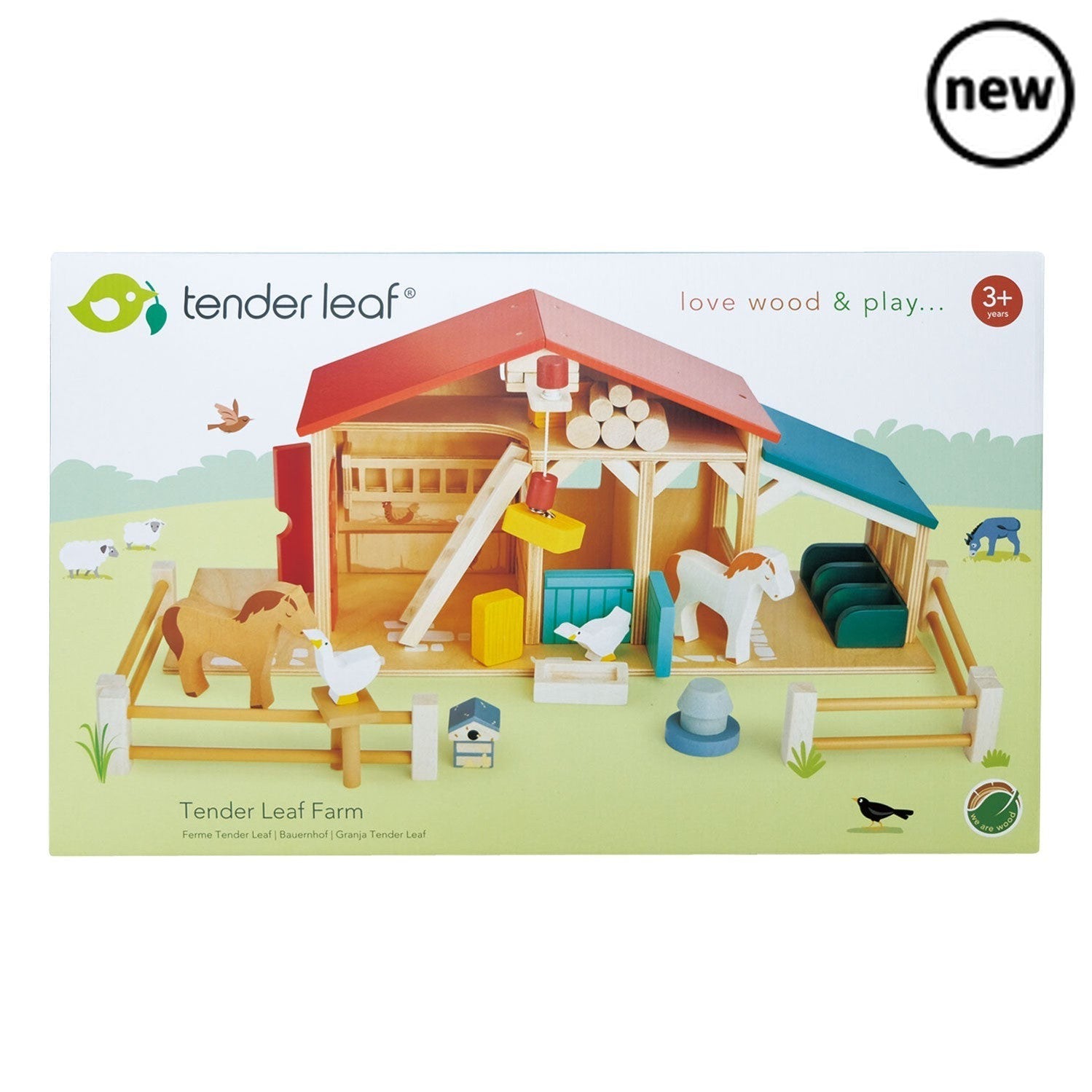 The Tenderleaf Farm, Designed and made by Tender Leaf ToysWelcome to the farm! Made throughout from top quality wood, this farm has been designed to be open and accessible for little hands. Product features: a barn with barn doors and a feeding trough, two stables with opening doors, a ladder leading to hay loft, a pulley system with a magnetic end to lift the hay bales, a cowshed with feeding compartments, four fences, a stile, three hay bales, two geese, two horses, a grain trough, an animal feeding troug