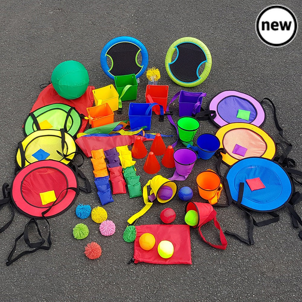 Throw And Catch Activities Kit, The Throw And Catch Activities Kit is the ultimate package for those looking to enhance their throwing and catching skills. Whether you're a beginner or a professional, this bumper kit has everything you need to play and improve your hand-eye coordination.Included in the kit is the Ball Catcher Set, which features a group game where players can throw and catch the ball using a set of handheld nets. This engaging activity promotes teamwork and encourages players to develop the