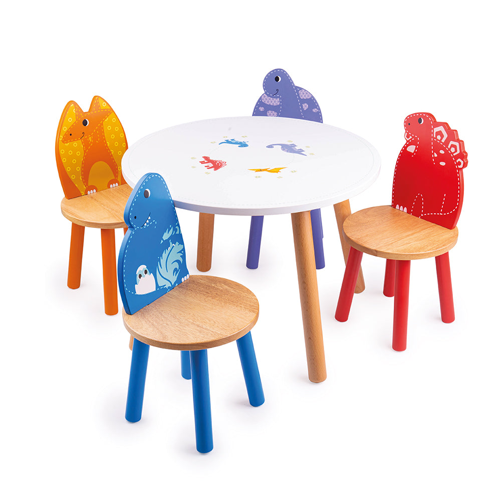 Tidlo Dinosaur Furniture Pack, Transform the playroom, nursery or bedroom with our exclusive Tidlo Dinosaur Furniture Pack. Features a dinosaur kids wooden table plus a Pterodactyl Chair, Brontosaurus Chair, T-Rex Chair & Stegosaurus Chair. Perfect as a play table or dining table. Indoor use only. Made from high-quality, responsibly sourced materials, each piece in this kids furniture set is designed for little people to enjoy. Tidlo Dinosaur Animal Table Dinosaur Kids Wooden Table Sturdy wooden table with 