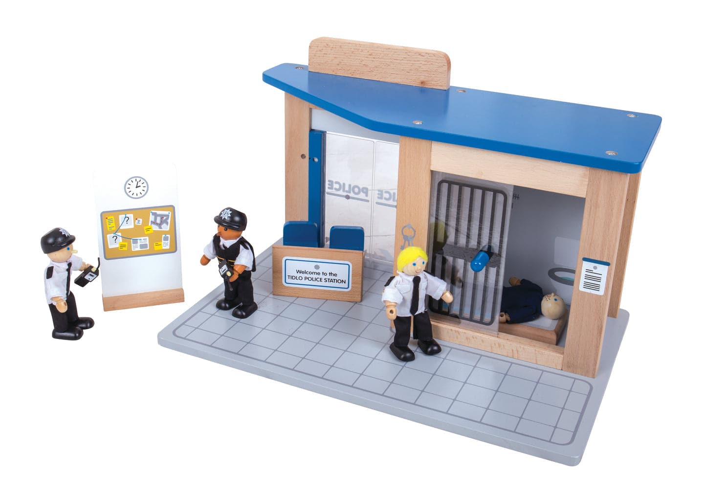 Tidlo Police Station Toy, The Tidlo police have been very busy catching baddies and putting them in jail. Using the suspect board, police have been able to find out who the bad guys are and race around catching them before they get away!This open play wooden Police Station Toy offers endless play scenarios and comes complete with seven accessories, including a reception desk, dispatch desk, 2 chairs, cell beds, a suspect/line-up board and a police bike. Plus, a built-in jail with sliding doors and bar detai