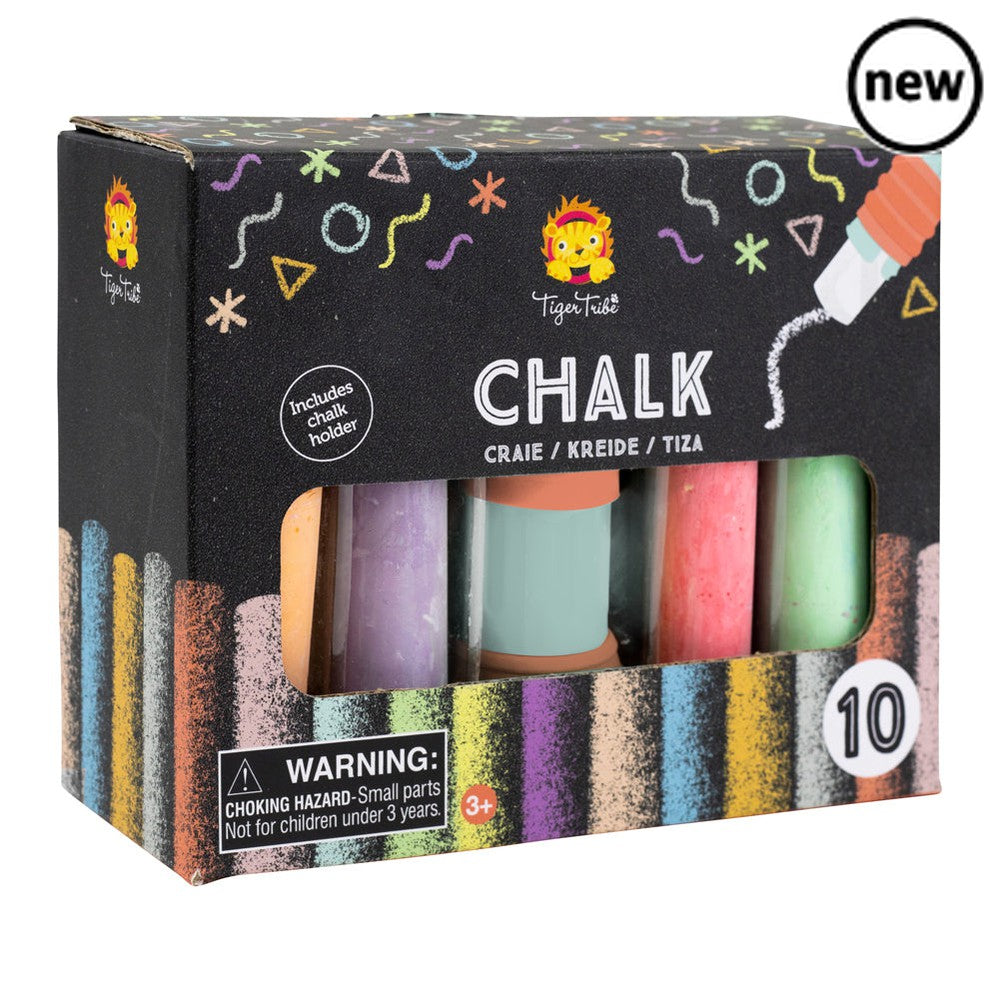 Tiger Tribe Jumbo Chalk, Specially designed for little hands, Tiger Tribe’s 10 pack of jumbo chalk is ideal for creating pavement artwork, a classic game of hopscotch, or outdoor murals. Each kids chalk pack comes with a handy chalk holder to keep hands clean and tidy when drawing. Helps to encourage creative playtime whilst developing fine motor skills. Why not pair with the Chalk It Up Activity Set? Chalk product features: 10x coloured jumbo chalks Easy-grip chalk holder 3 years + 17 x 6.5 x 13.5cm Design