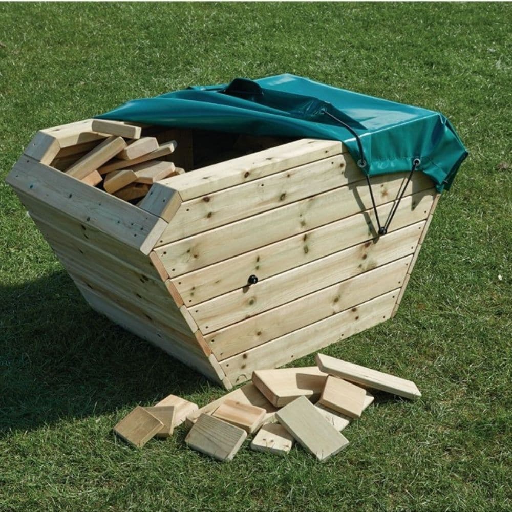 Timber Skip with Cover, Our children's Skip is made from high quality treated timber and comes with a green protective cover. This fun Timber Skip with Cover is a storage solution which works really well in an outdoor construction area when used to store play brick sets. The Timber Skip with Cover features a removable side, to allow easy access, or can be used as a ramp for trundling wheel barrows up and down. This solid Outdoor Wooden Skip and Blocks with Cover is filled with wooden blocks of different sha