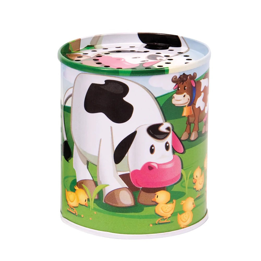 Tin Animal Sound Maker, Classic sound maker toy made from tin. Each Tin Animal Sound Maker is beautifully decorated with animals including a cow, pig and sheep. Simply tip the Tin Animal Sound Maker over to hear farmyard animal sounds. This traditional Tin Animal Sound Maker toy is always popular with young children who will be fascinated by the noises produced from this loveable tin novelty. Please note that they all play the same noise, the depicted design does not represent the noise being made. Animal n