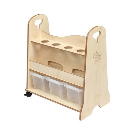 Toddler Art Trolley, The Toddler Art Trolley is the perfect mobile resource unit for art and craft materials. The Toddler Art Trolley is supplied with three plastic trays. Back panel cut outs to enable easy cleaning of the paper store at the front. The Toddler Art Trolley has four holes for paint pots or other containers. Lockable castors on one side enable easy wheeling. 15mm Covered MDF – ISO 22196 certified antibacterial. Versatile, easy access art storage unit supplied with three clear trays. Designed f