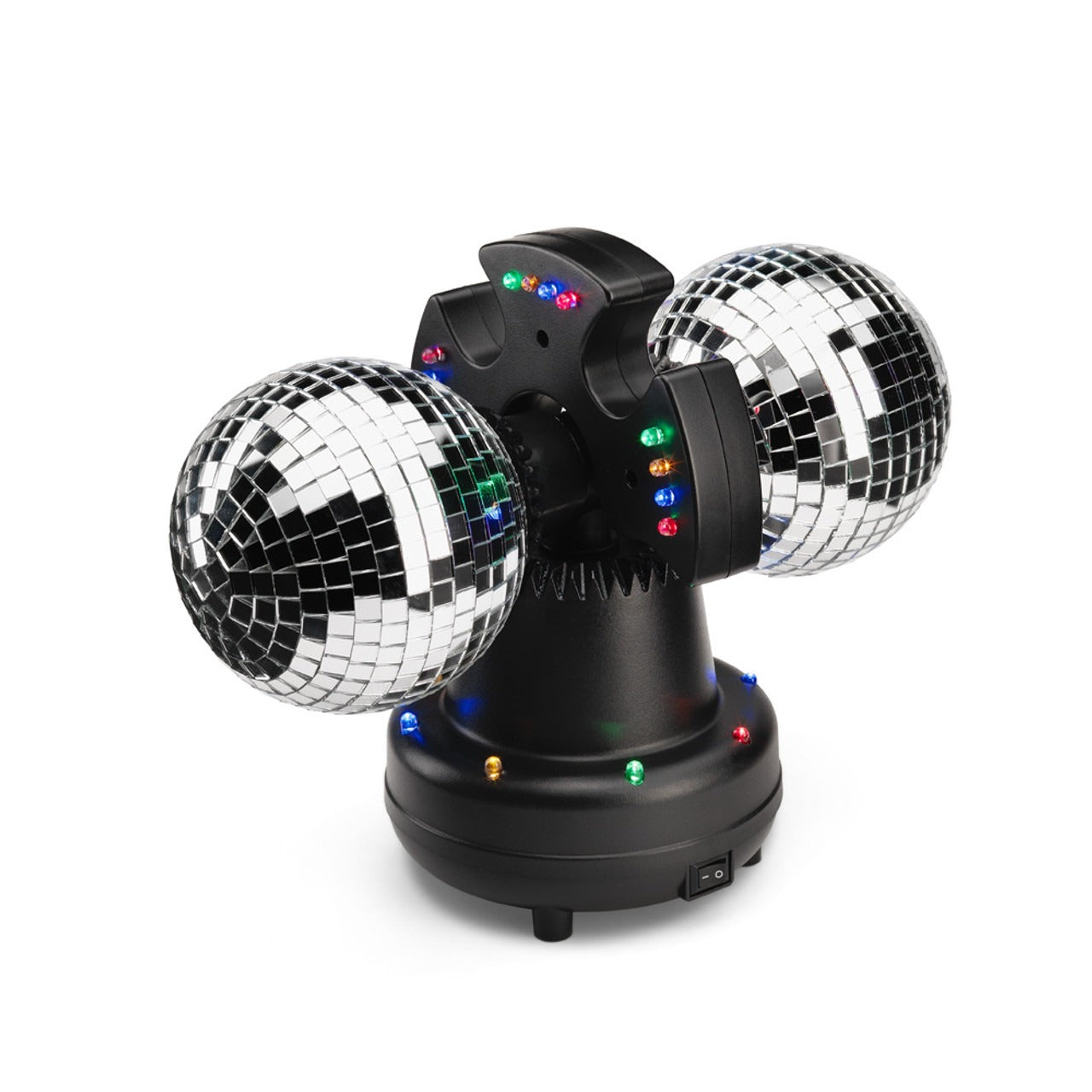 Twin Disco Ball in Black, Give your Children the greatest light show on earth with these twin rotating disco balls! A stunning light effect which will look great in any dark room or bedroom creating a fantastic sensory focus in the room full of colour and light. This compact gadget is a party that you can move around. It has two rotating mirror balls, measuring 10 cm each. These reflect multi-coloured LED lights, creating a flurry of colour on your walls! This light is fantastic for house parties (did we me