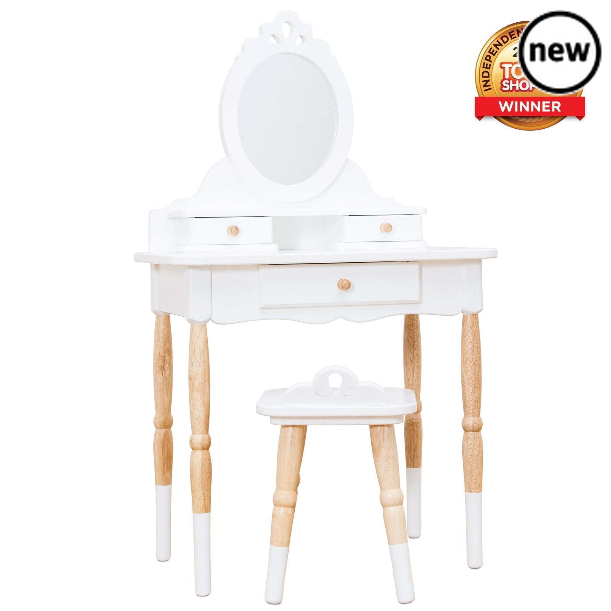 Vanity Table & Wood Stool, Description Winner of the Independent Toy Gold Award 2022 This beautiful, vintage style vanity table is sure to make childhood dreams come true! The perfect addition to your child's bedroom or playroom, this stunning dressing table is full of timeless elegance to delight little ones, for engaging play. With an impressive Victorian inspired oval mirror, 2-tiered table and 3 separate storage drawers - perfect for stowing away little treasures and trinkets. Hand crafted by highly ski