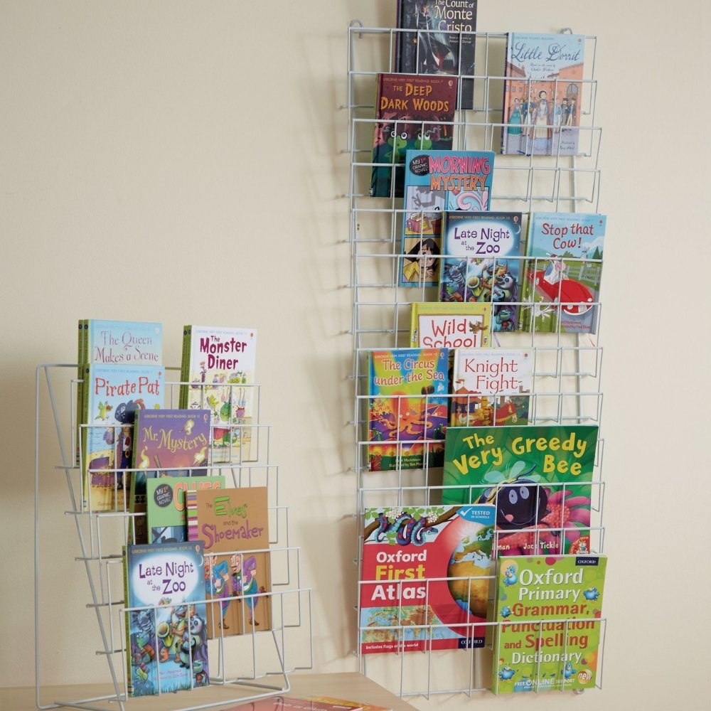 Vertical Book Rack, Vertical wall mounted book rack is great for many environments including classrooms or libraries. The Vertical Book Rack offers a great solution to keeping books organised and tidy. The Vertical Book Rack allows children to find a book with ease without having to mess up the book cases and the books themselves. Features of the Vertical Book Rack Holds up to 42 books face on Has 14 rows to display a selection of books Manufactured in a robust material to a high quality finish Plastic coat