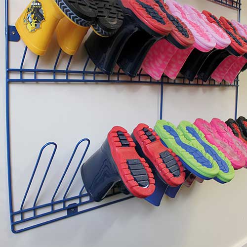 Wall Mountable Wellie Rack, Introducing the Wall Mountable Wellie Rack, the ultimate storage solution for classroom cloakrooms! Say goodbye to the clutter of scattered wellies with this innovative and easy-to-use rack.Designed to provide a practical and space-saving storage option, the Wall Mountable Wellie Rack ensures that wellies of all sizes can be neatly organized. With its sturdy construction and efficient design, this rack can hold up to 18 pairs of wellies securely in place.Installation is a breeze 