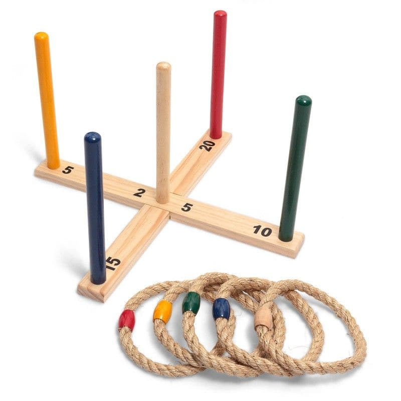 Wooden Quoits, Enjoy an afternoon in the garden with a classic game of quoits. Just like you may have seen at a fairground, the game challenges players to throw rope hoops over the target pegs. The set includes five rings and is great played in groups. You can stick with the classic 'highest score wins' game style or play a few different variations of the game depending on the number of players. Quoits game set Five wooden score pegs Five rope rings to throw Set simply screws together Great fun indoors and 