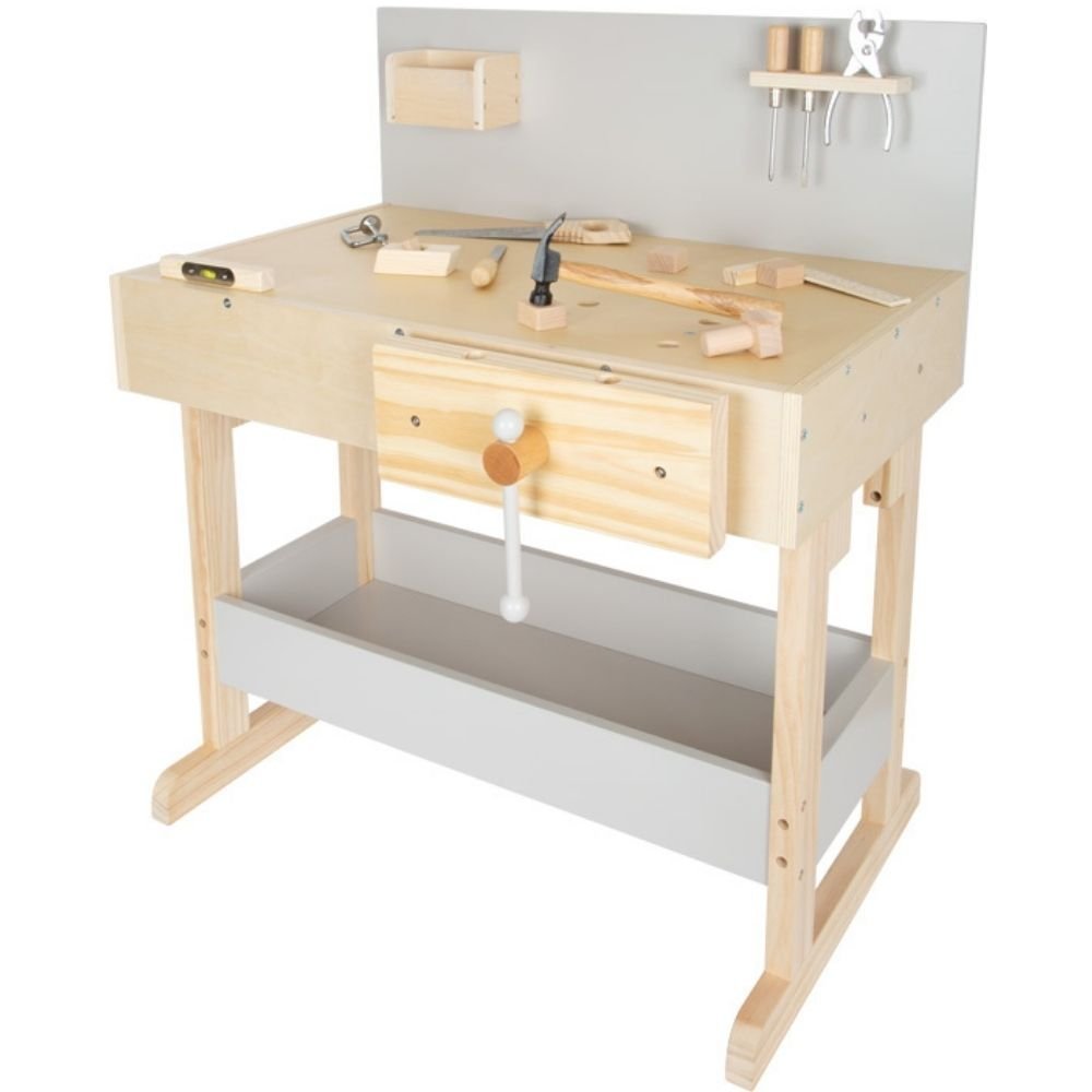 Workbench for Children Grey with Accessories, Working like the large ones! With this sturdy children's workbench, little do-it-yourselfers are well equipped. The 10 child-friendly, fully functional tools are safely stowed away in the tool bar and utensil box and are always ready to hand. The workbench scores with a stable vice and sufficient storage space under the large work surface. The mix of grey and natural solid wood makes it a real eye-catcher. Long-lasting fun at your own workbench guaranteed! With 