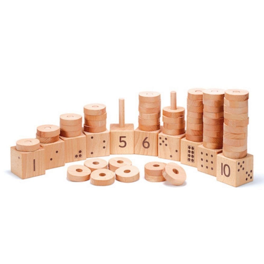 1-10 Natural Number Stacker, This inviting 1-10 Natural Number Stacker will be a valuable resource to teach early number concepts by helping children to make connections within and between numbers to ten. The base on the Natural Number Stacker measure 50mm and show four different representations for each number: numeral, standard 1-5 dice array, random dot array and 10-frame pattern. The 1-10 Natural Number Stacker is a great way to support early number sense and counting, children will be able to see clear